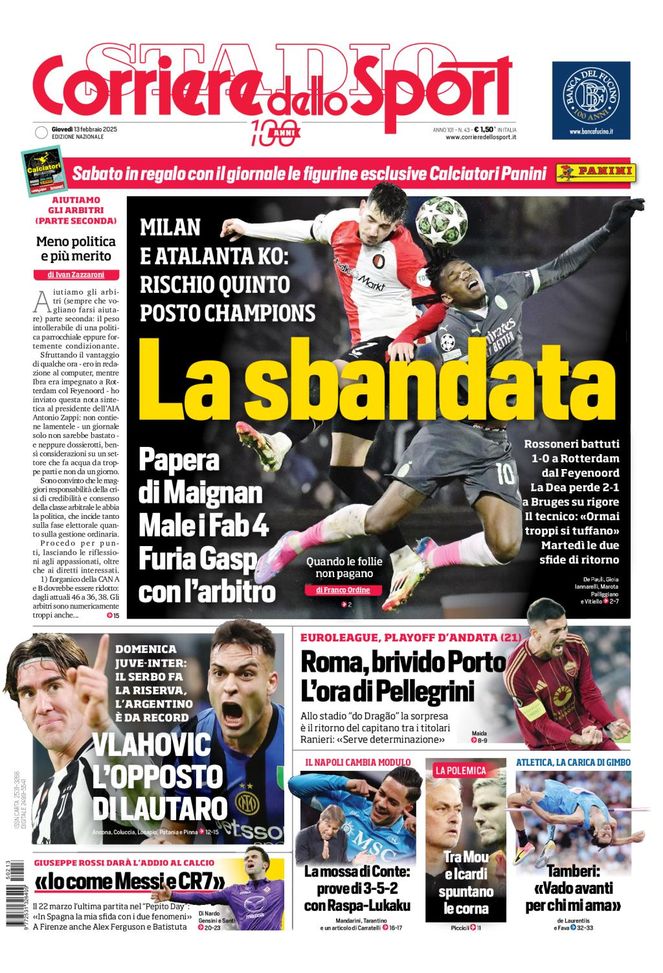 Prima Pagina Corriere dello Sport 13 febbraio