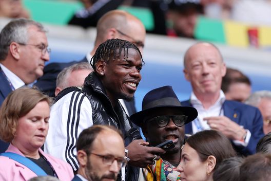 DUSSELDORF, GERMANY - JULY 01: Paul Pogba is seen in attendance in the stands prior to the UEFA EURO 2024 round of 16 match between France and Belgium at Düsseldorf Arena on July 01, 2024 in Dusseldorf, Germany. (Photo by Alex Livesey/Getty Images) Pogba