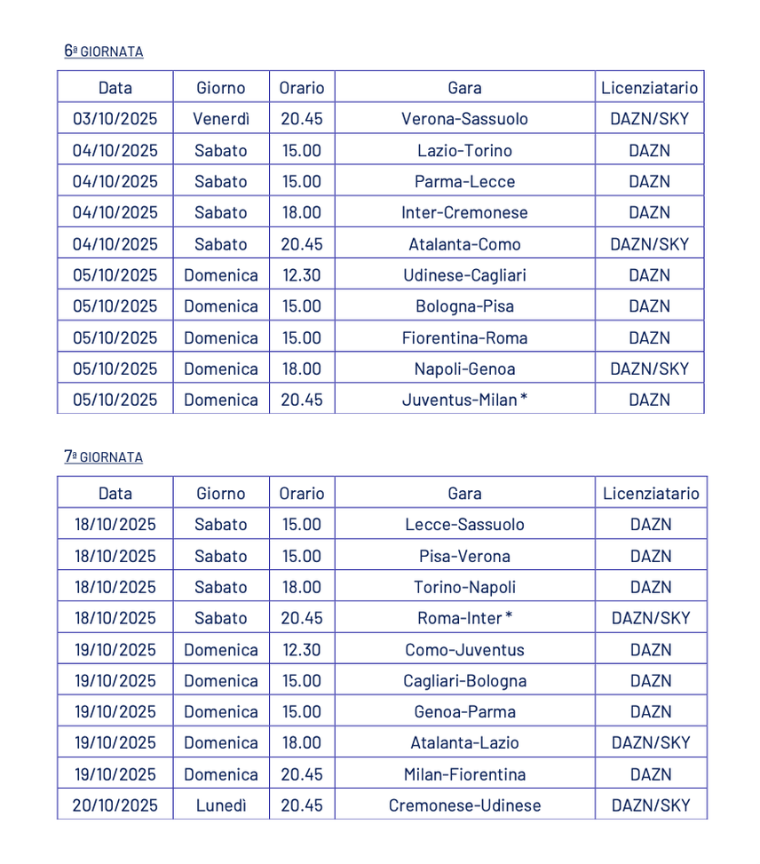 ULTIM’ORA – Serie A, ecco tutti gli orari ufficiali per il fantacalcio dalla 4a alla 12a giornata- immagine 3
