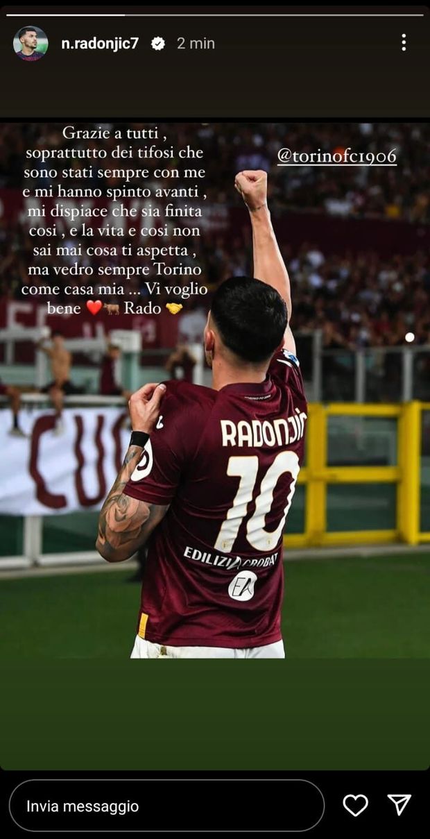 Torino, i saluti di Radonjic: “Grazie tifosi, mi dispiace che sia finita così”- immagine 2