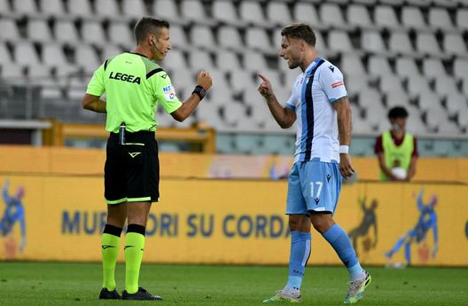 TURIN, ITALY - JUNE 30: The referee Davide Massa and Ciro Immobile of SS Lazio during the Serie A match between Torino FC and SS Lazio at Stadio Olimpico di Torino on June 30, 2020 in Turin, Italy. (Photo by Marco Rosi - SS Lazio/Getty Images)
