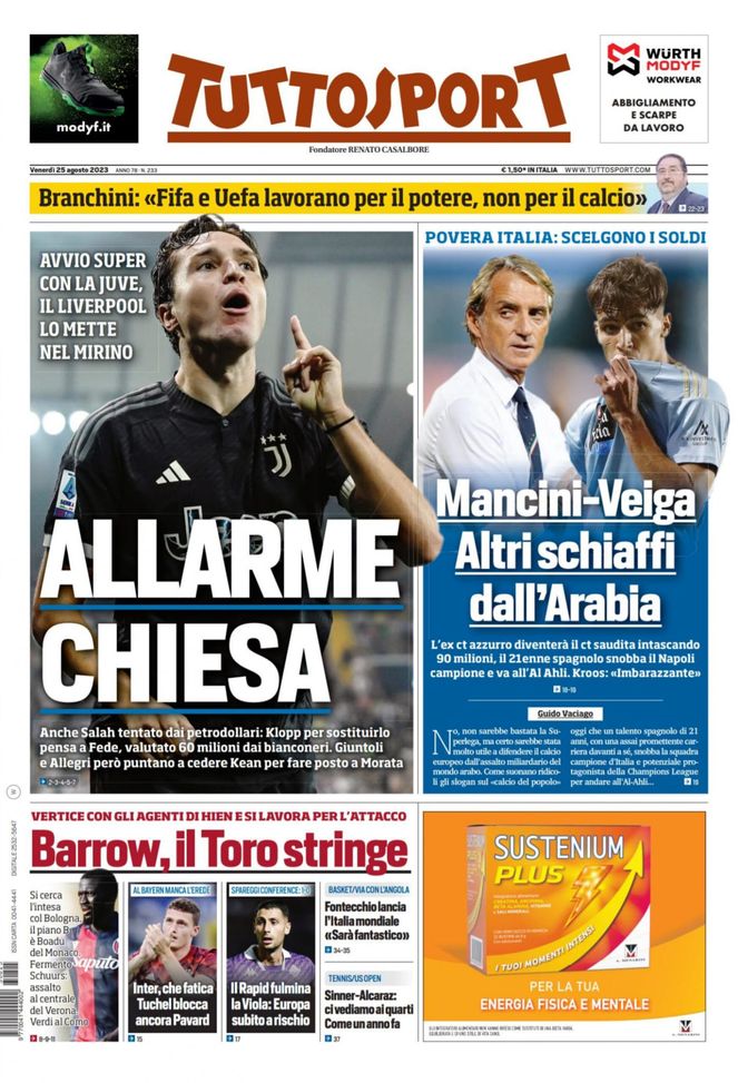 Prima pagina Tuttosport 25-08-2023