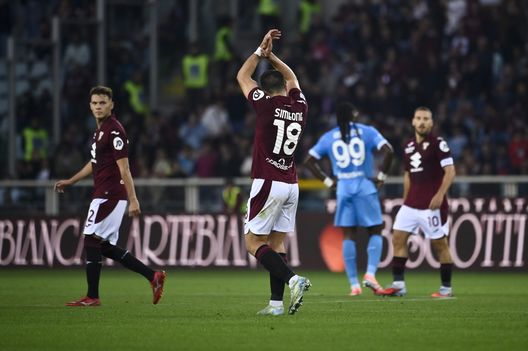 TURIN, ITALY - OCTOBER 19: Giovanni Simeone of Torino FC celebrates a goal during the Serie A match between Torino FC and SSC Napoli at Stadio Olimpico Grande Torino on October 19, 2025 in Turin, Italy. (Photo by Stefano Guidi - Torino FC/Torino FC 1906 via Getty Images)