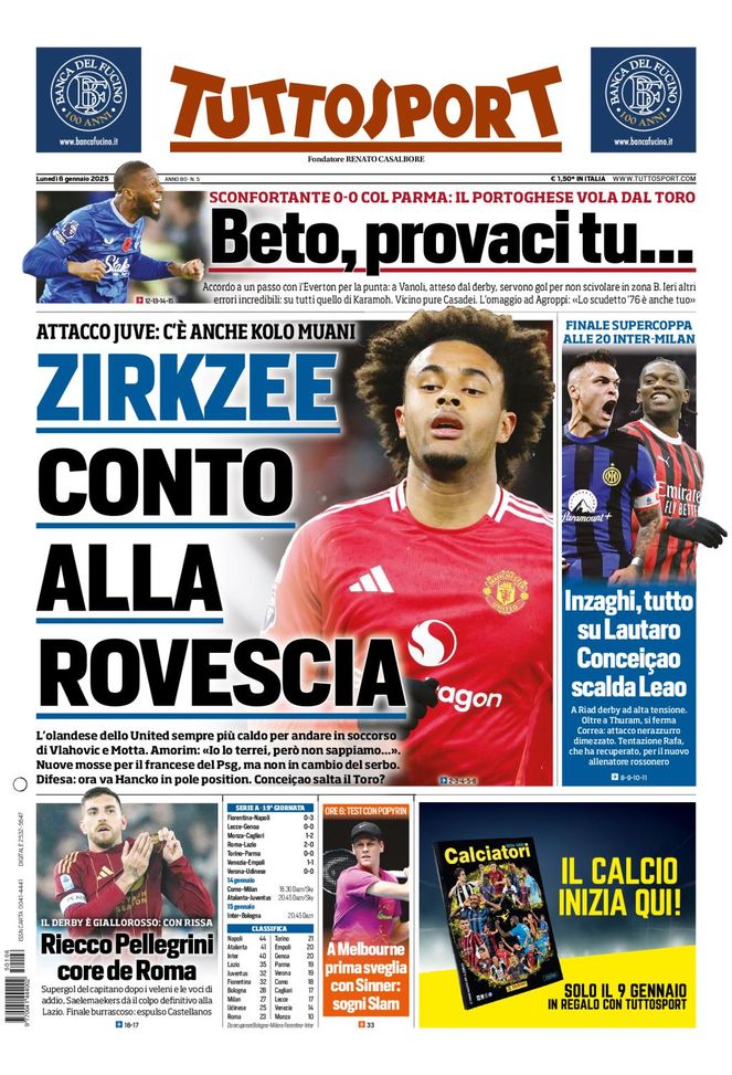 Tuttosport, la prima pagina di oggi, lunedì 6 gennaio 2025 Tuttosport