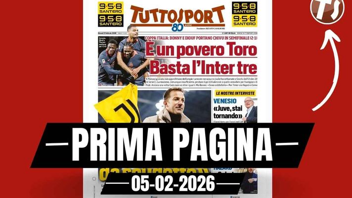 Prima pagina Tuttosport: 'Del Piero benedice i bianconeri: 'Juventus e Spalletti da Scudetto''