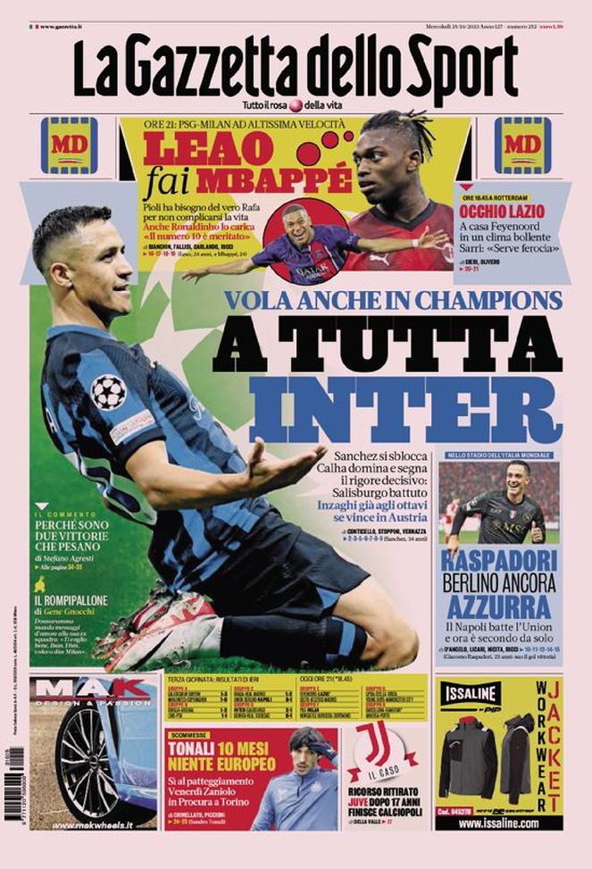 Prima pagina La Gazzetta dello Sport 25-10-2023
