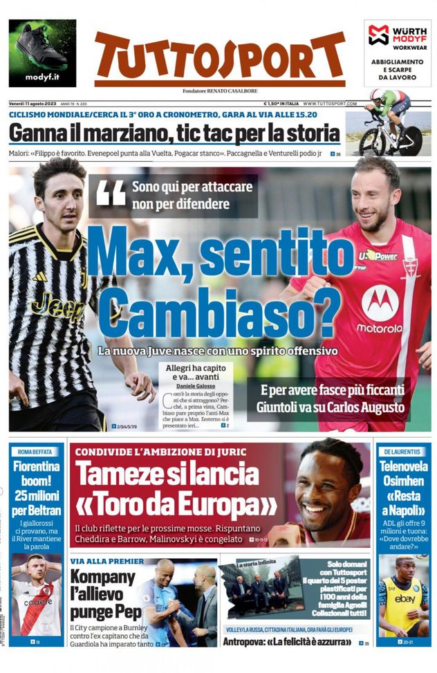 EDICOLA / TS: Nuova Juve, spirito offensivo. Giuntoli su Carlos Augusto - immagine 1