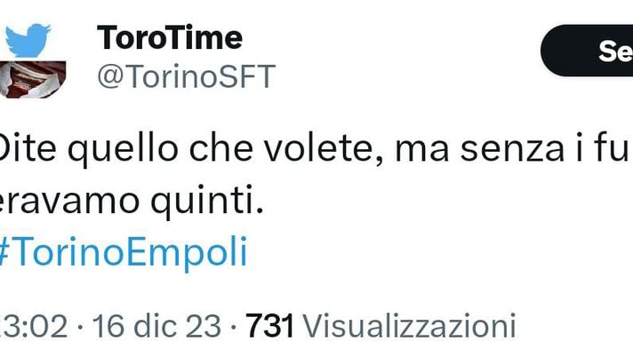 Torino-Empoli 1-0, le reazioni social: “Senza furti, saremmo quinti” - immagine 1