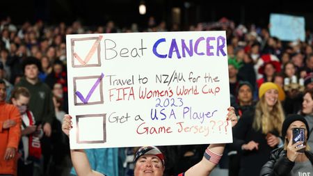 AUCKLAND, NEW ZEALAND - AUGUST 01: A USA fan holds a banner prior to the FIFA Women's World Cup Australia & New Zealand 2023 Group E match between Portugal and USA at Eden Park on August 01, 2023 in Auckland, New Zealand. (Photo by Buda Mendes/Getty Images)