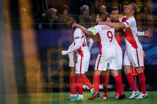 DORTMUND, GERMANY - APRIL 12: Team of AS Monaco celebrates after scoring his team's third goal of the game during the UEFA Champions League Quarter Final first leg match between Borussia Dortmund and AS Monaco at Signal Iduna Park on April 12, 2017 in Dortmund, Germany. The match was rescheduled after an alleged terrorist attack on the Borussia Dortmund team coach as it made it's way to the stadium. (Photo by Maja Hitij/Bongarts/Getty Images)