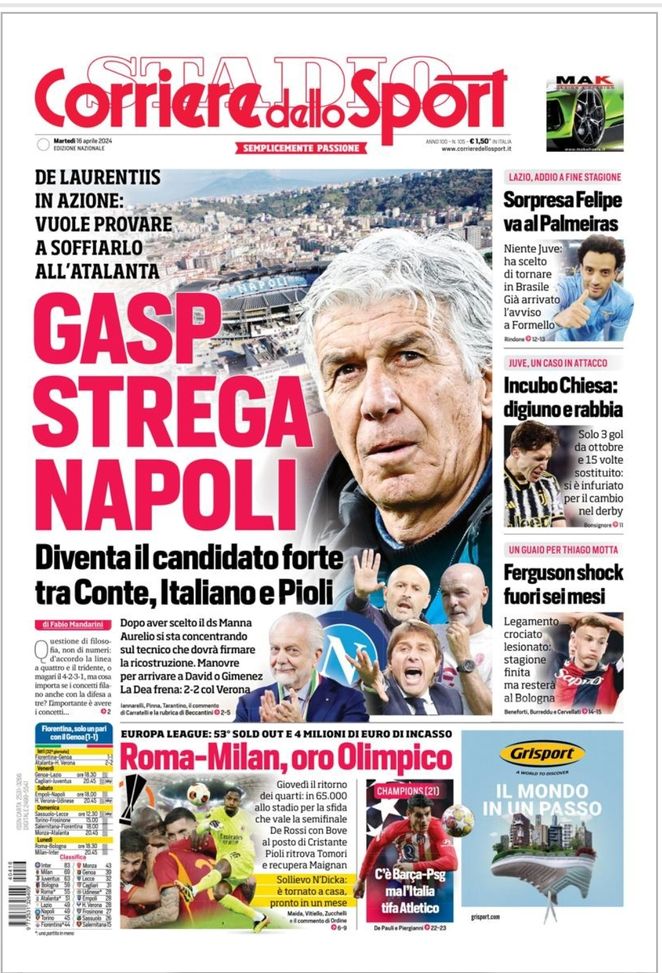 EDICOLA / CdS: Gasp strega Napoli. Roma-Milan, oro Olimpico - immagine 1