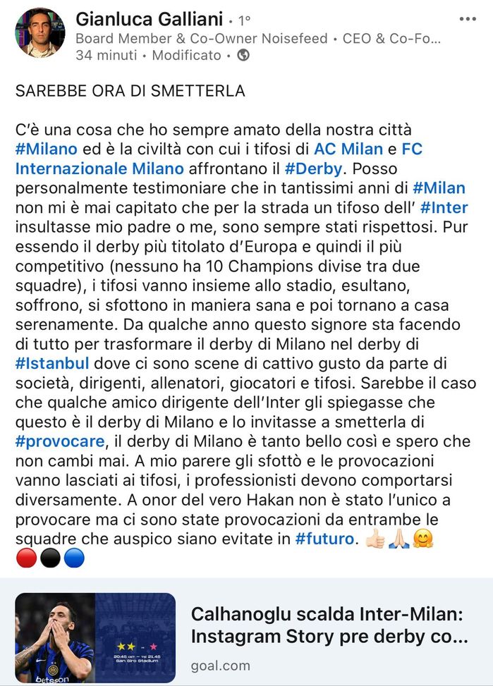 Il post di Gianluca Galliani Gianluca Galliani: 'Smettetela con le provocazioni nel derby di Milano'
