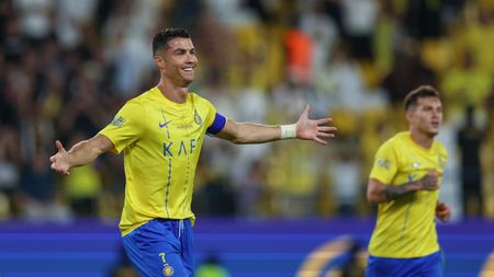 RIYADH, SAUDI ARABIA - MAY 4: Cristiano Ronaldo of Al Nassr celebrates after scoring the 2nd goal during the Saudi Pro League match between Al-Nassr and Al Wehda at Al Awwal Park on May 4, 2024 in Riyadh, Saudi Arabia.(Photo by Yasser Bakhsh/Getty Images)