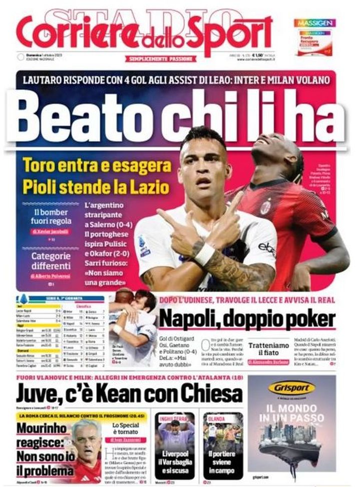 EDICOLA CDS – Lautaro con 4 gol risponde agli assist di Leao: Inter e Milan volano - immagine 1