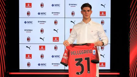 MILAN, ITALY - AUGUST 22: AC Milan new signing Marco Pellegrino poses with his new jersey at Casa Milan on August 22, 2023 in Milan, Italy. (Photo by Giuseppe Cottini/AC Milan via Getty Images)