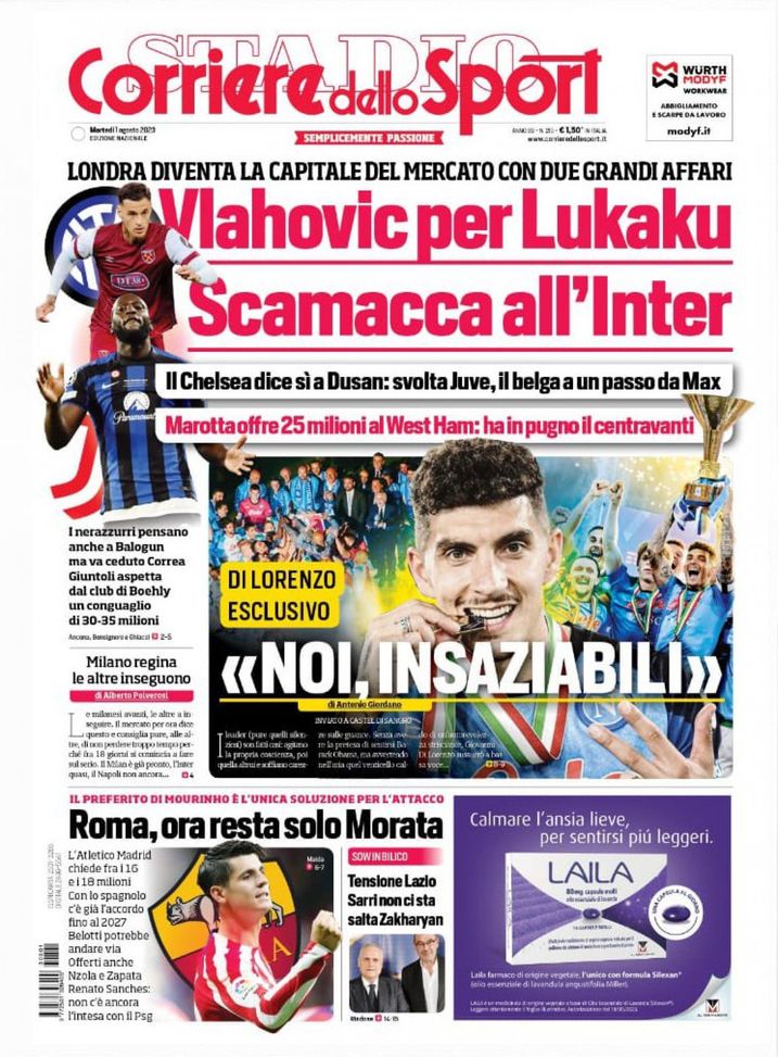 Il Corriere dello Sport, la prima pagina di oggi, martedì 1° agosto 2023 Il Corriere dello Sport