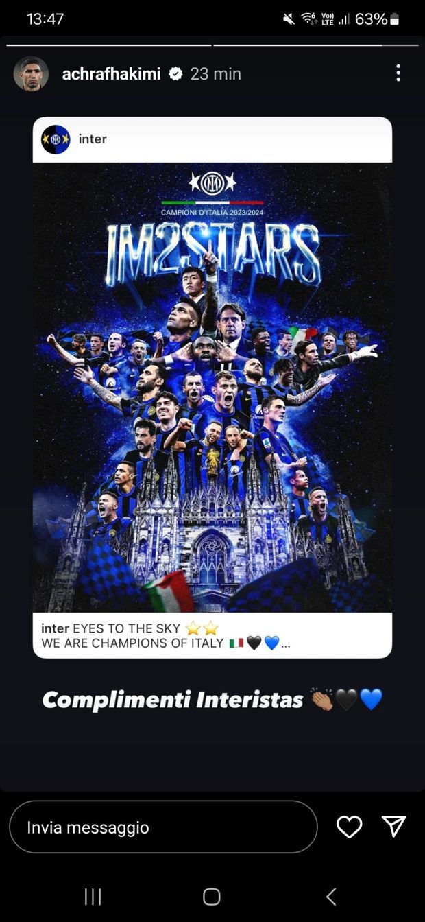 Scudetto Inter, Hakimi si congratula sui social: “Complimenti interisti”- immagine 3