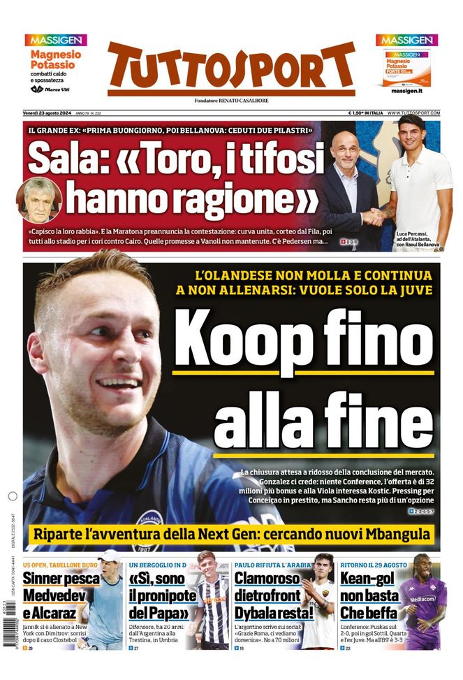 Tuttosport, la prima pagina di oggi, venerdì 23 agosto 2024 Tuttosport