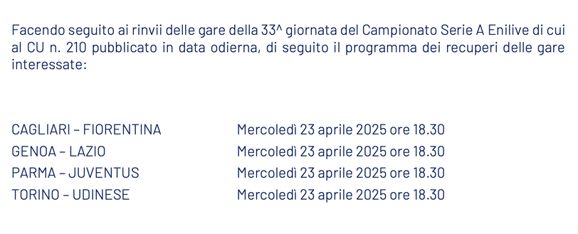 UFFICIALE – Le quattro gare rinviate si giocheranno mercoledì: il comunicato e l’orario- immagine 2