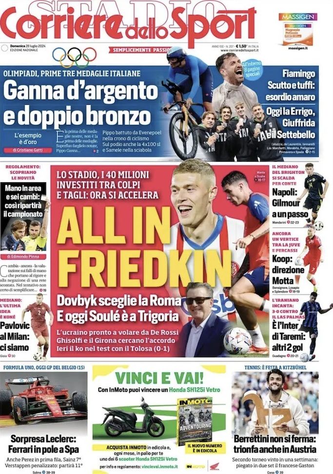 Il Corriere dello Sport, la prima pagina di oggi, domenica 28 luglio 2024 Il Corriere dello Sport