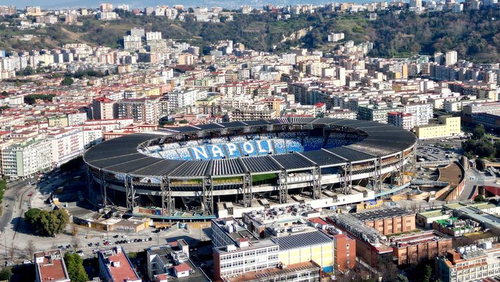 NAPLES, ITALY - FEBRUARY 20: (EDITORS NOTE: This photograph was taken using a drone) An aerial view of 'Diego Armando Maradona' stadium on February 20, 2023 in Naples, Italy. (Photo by Claudio Villa/Getty Images) nuovo stadio napoli
