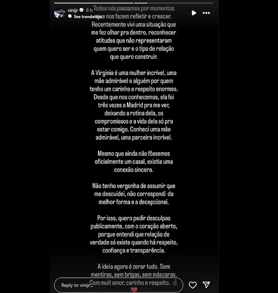 Vinicius Jr.: “Voglio scusarmi pubblicamente, ho deluso Virginia. Non mi vergogno a…”- immagine 3
