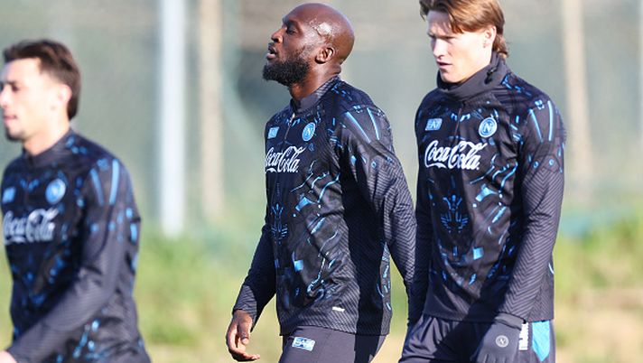 Romelu Lukaku of Napoli participates in a training session ahead of the UEFA Champions League 2025/26 at Napoli training center in Castel Volturno, Italy, on January 27, 2025. (Photo by Ciro De Luca/NurPhoto via Getty Images) Il Napoli si allena alla vigilia del Chelsea: il report della società - immagine 1