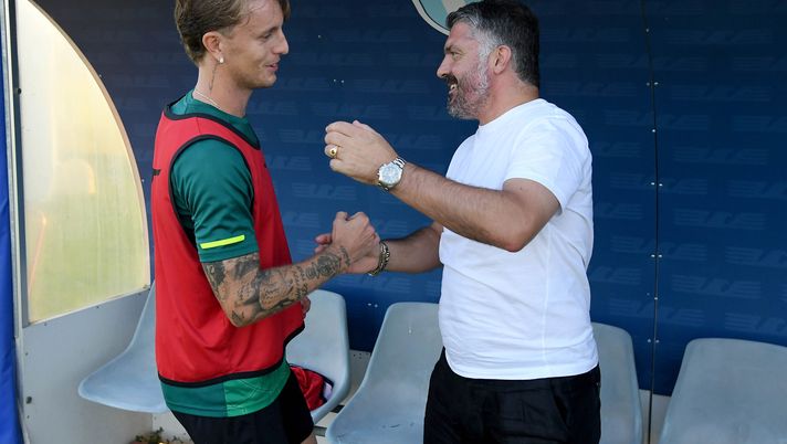 ROME, ITALY - AUGUST 07: Italy Head Coach Gennaro Gattuso and Nicolò Rovella of SS Lazio after the SS Lazio training session at Formello Training Center on August 07, 2025 in Rome, Italy. (Photo by Marco Rosi - SS Lazio/Getty Images) Gattuso e Rovella