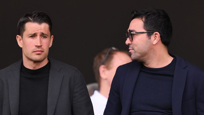 BARCELONA, SPAIN - MAY 19: FC Barcelona football Coordinator Bojan Krkic and FC Barcelona Sports Director Deco look on from the stands during the LaLiga EA Sports match between FC Barcelona and Rayo Vallecano at Estadi Olimpic Lluis Companys on May 19, 2024 in Barcelona, Spain. (Photo by David Ramos/Getty Images) Bojan