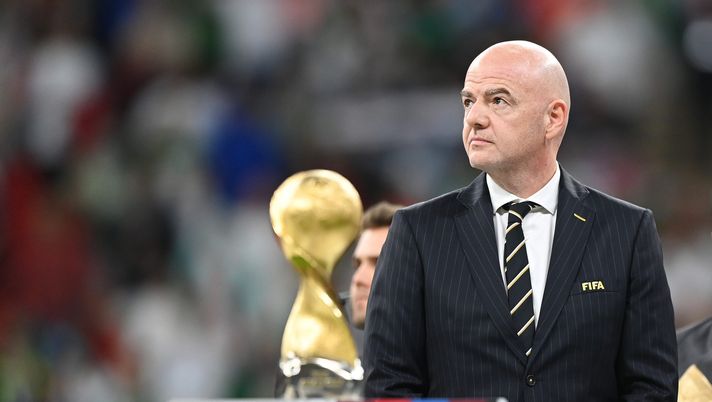 AL KHOR, QATAR - DECEMBER 18: FIFA President Gianni Infantino looks on as the FIFA Arab Cup trophy is awarded followingg the FIFA Arab Cup Qatar 2021 Final match between Tunisia and Algeria at Al Bayt Stadium on December 18, 2021 in Al Khor, Qatar. (Photo by Shaun Botterill/Getty Images) Report Fifa