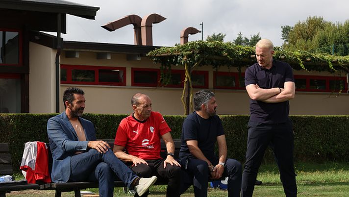 CAIRATE, ITALY - AUGUST 20: Sporting Director AC Milan Igli Tare, head coach AC Milan Massimiliano Allegri, Italy Head Coach Gennaro Gattuso and Gianluigi Buffon Italy Head of Delegation pose for a photo during AC Milan training session at Milanello on August 20, 2025 in Cairate, Italy. (Photo by Claudio Villa/AC Milan via Getty Images) Harder