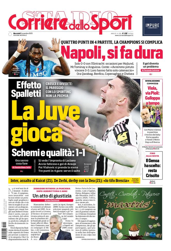 Il Corriere dello Sport, la prima pagina di oggi, mercoledì 5 novembre 2025 Il Corriere dello Sport