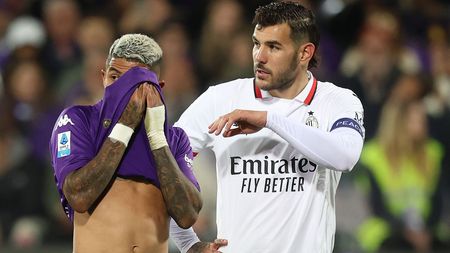 FLORENCE, ITALY - OCTOBER 6: Domilson Cordeiro dos Santos known as Dodo of ACF Fiorentina reacts and Theo Hernandez looks on during the Serie match between Fiorentina and Milan at Stadio Artemio Franchi on October 6, 2024 in Florence, Italy. (Photo by Gabriele Maltinti/Getty Images)