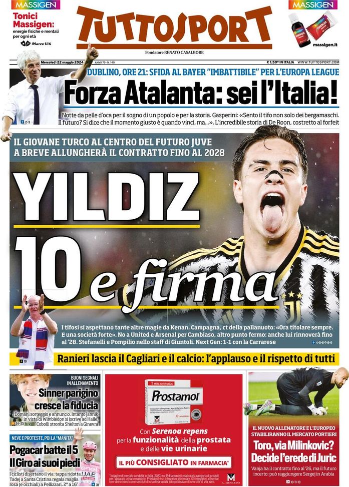 Tuttosport, la prima pagina di oggi, mercoledì 22 maggio 2024 Tuttosport