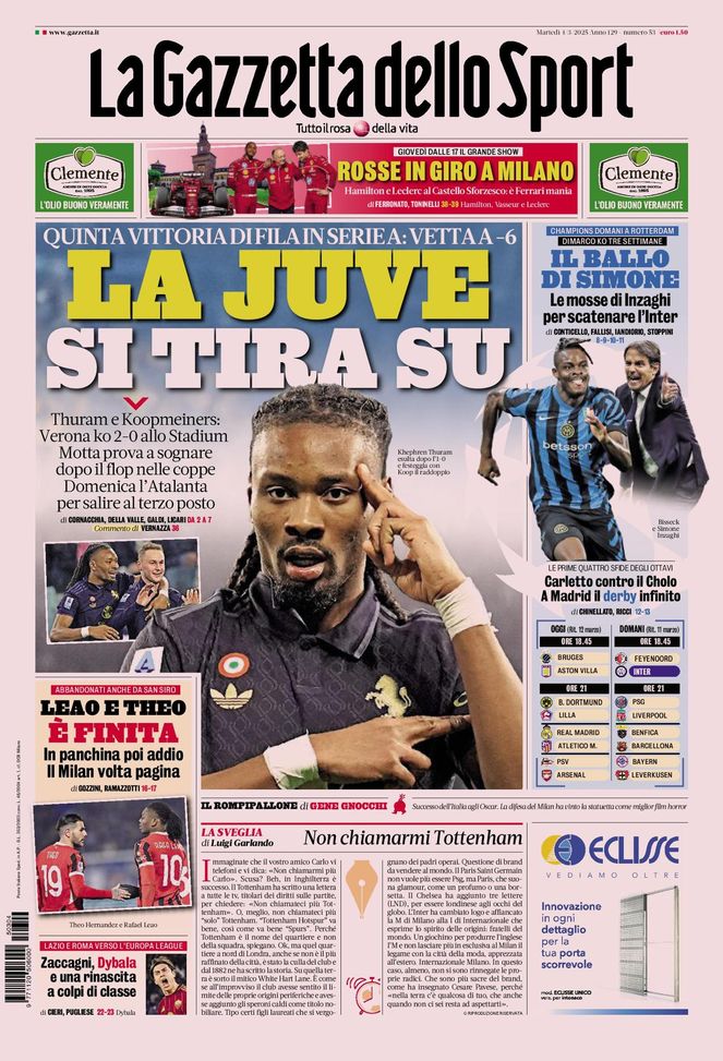 La Gazzetta dello Sport, la prima pagina di oggi, martedì 4 marzo 2025 La Gazzetta dello Sport