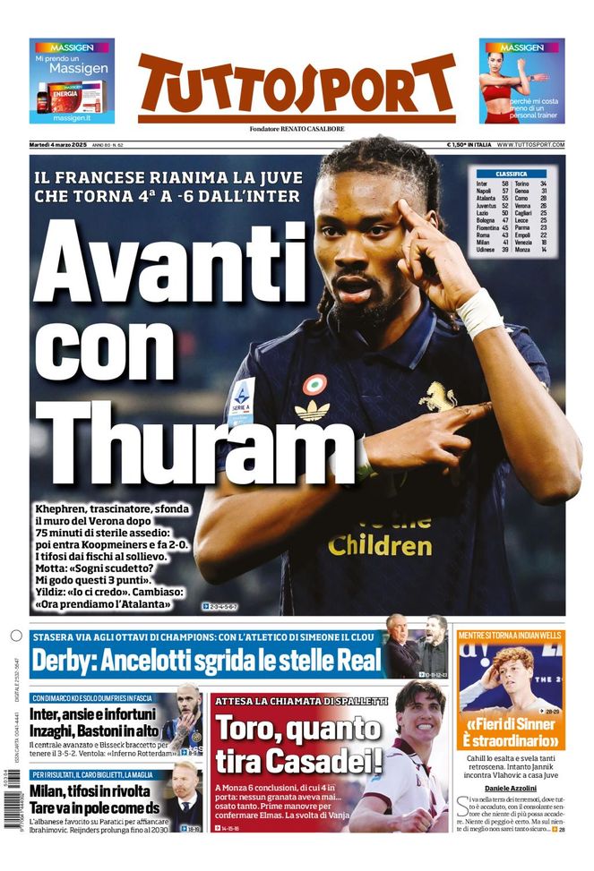 Tuttosport, la prima pagina di oggi, martedì 4 marzo 2025 Tuttosport