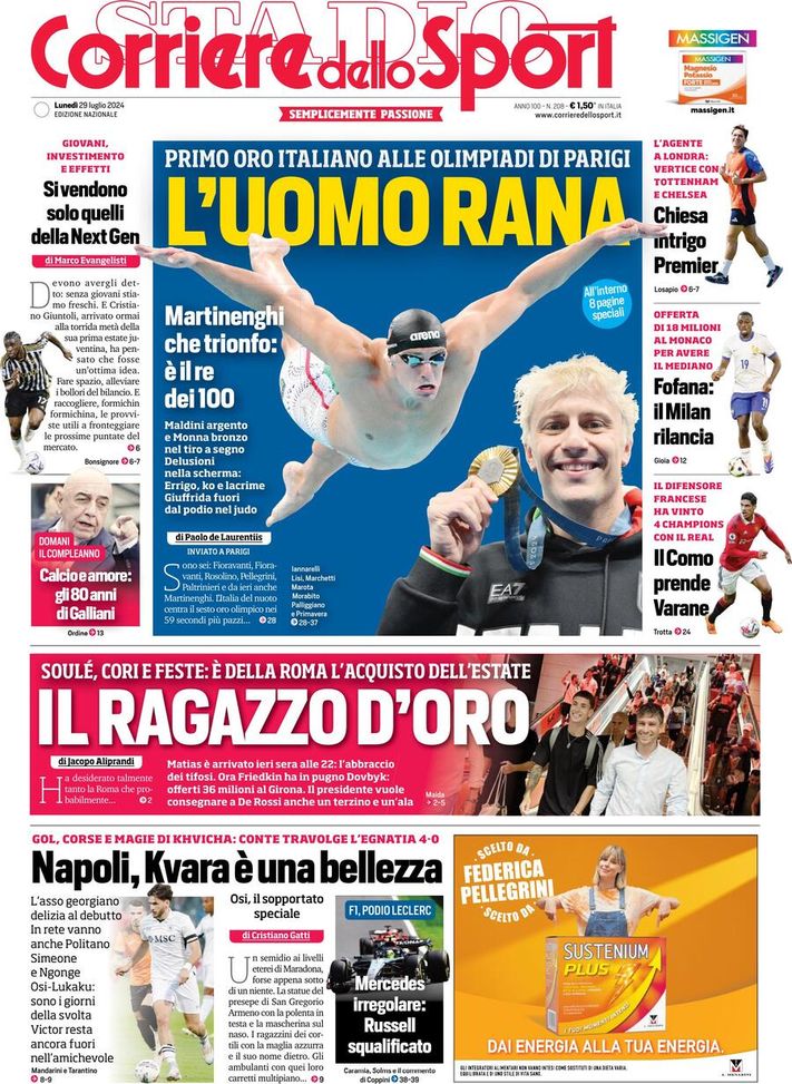 Il Corriere dello Sport, la prima pagina di oggi, lunedì 29 luglio 2024 Il Corriere dello Sport