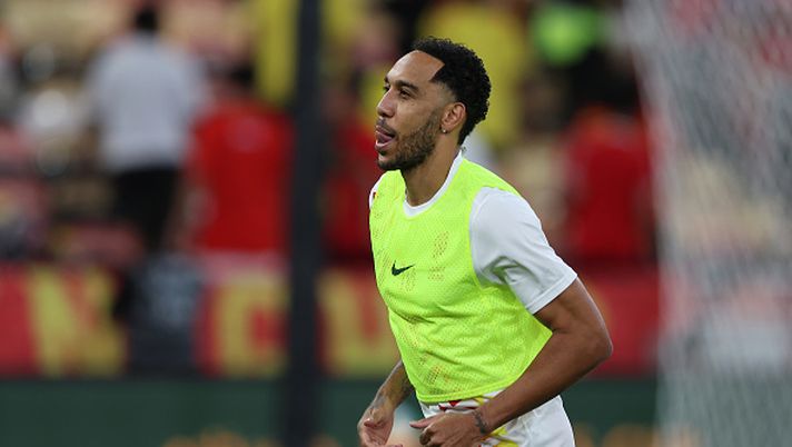 JEDDAH, SAUDI ARABIA - MAY 30: Pierre-Emerick Aubameyang of Al-Qadisiyah warms up prior to the Final King's Cup match between Al Ittihad and Al Qadsiah at King Abdullah Sports City on May 30, 2025 in Jeddah, Saudi Arabia. (Photo by Yasser Bakhsh/Getty Images)  aubameyang marsiglia