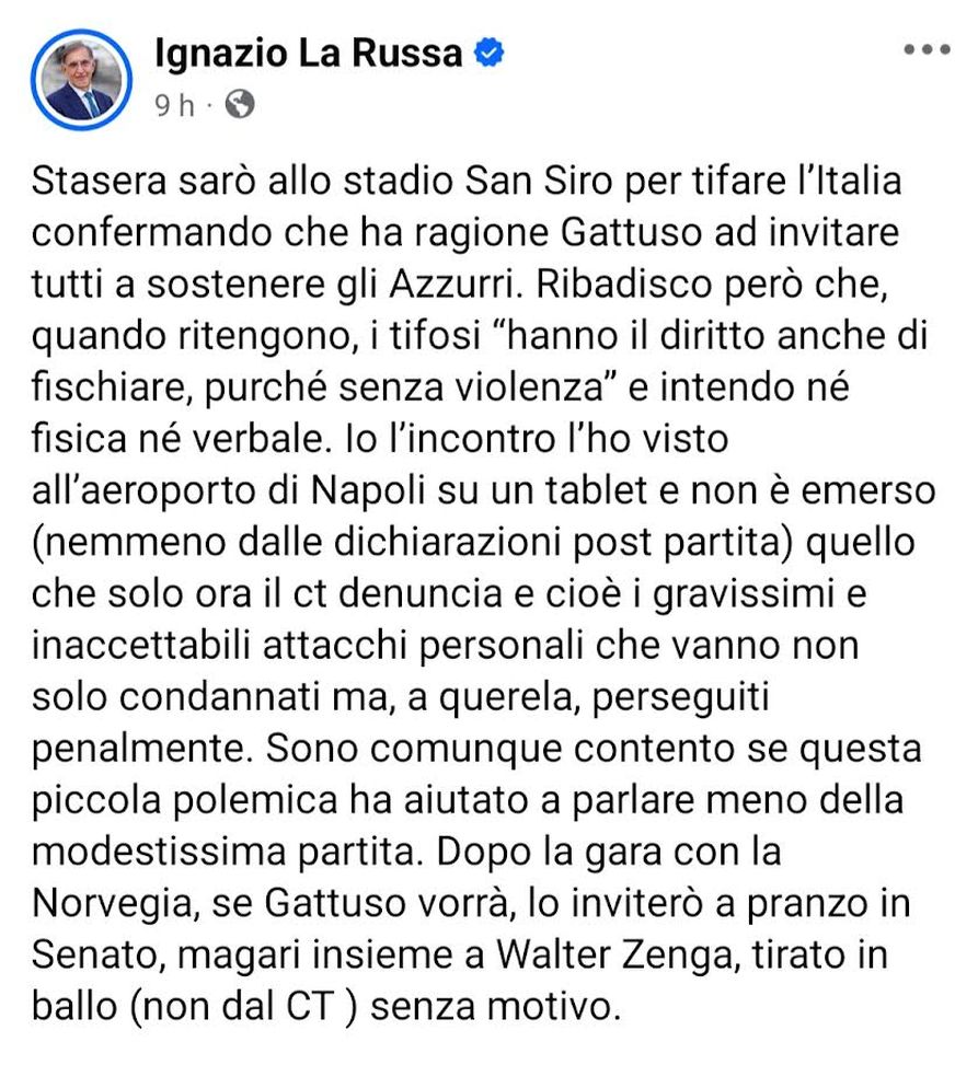 La Russa su Facebook, precisazioni su Gattuso... La Russa invita Gattuso in Senato: e nella sua verve interista allarga il pranzo a Zenga