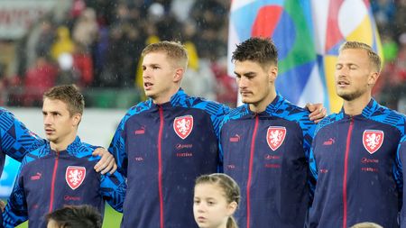 ST GALLEN, SWITZERLAND - SEPTEMBER 27: Adam Vlkanova, David Zima, Patrik Schick, Antonin Barak of Czech Republic sing the national anthem prior to the UEFA Nations League League A Group 2 match between Switzerland and Czech Republic at Kybunpark on September 27, 2022 in St Gallen, Switzerland. (Photo by Carsten Harz/Getty Images)