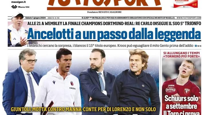 PRIMA PAGINA TUTTOSPORT OGGI: “Giuntoli-Motta vs Manna-Conte, la Juve sfida il suo passato” prima pagina tuttosport oggi