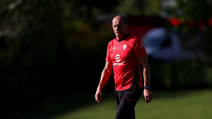 CAIRATE, ITALY - SEPTEMBER 16: Massimiliano Allegri Head coach of AC Milan looks on during an AC Milan Training Session at Milanello on September 16, 2025 in Cairate, Italy. (Photo by Giuseppe Cottini/AC Milan via Getty Images)  Milan