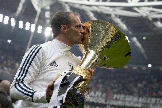 TURIN, ITALY - MAY 19: Massimiliano Allegri of Juventus in action during the serie A match between Juventus and Hellas Verona FC at Allianz Stadium on May 19, 2018 in Turin, Italy. (Photo by Daniele Badolato - Juventus FC/Juventus FC via Getty Images)