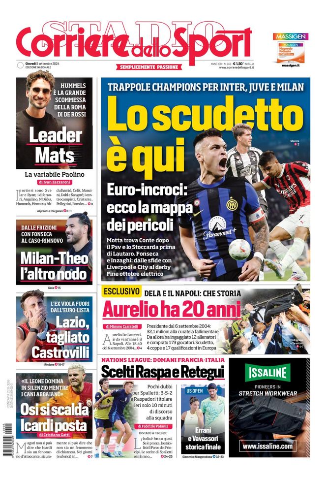 Il Corriere dello Sport, la prima pagina di oggi, giovedì 5 settembre 2024 Il Corriere dello Sport