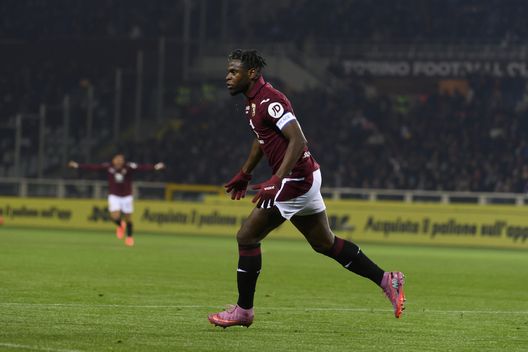 TURIN, ITALY - DECEMBER 8: Duván Zapata of Torino FC celebrates a second goal during the Serie A match between Torino FC and AC Milan at Stadio Olimpico di Torino on December 8, 2025 in Turin, Italy. (Photo by Stefano Guidi - Torino FC/Torino FC 1906 via Getty Images)
