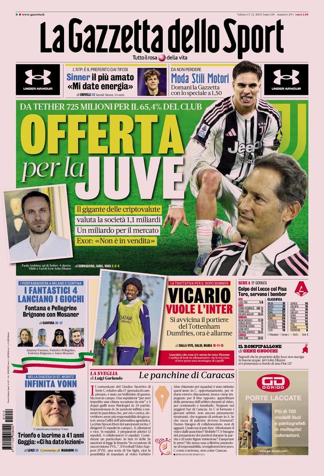 La Gazzetta dello Sport, la prima pagina di oggi, sabato 13 dicembre 2025 La Gazzetta dello Sport