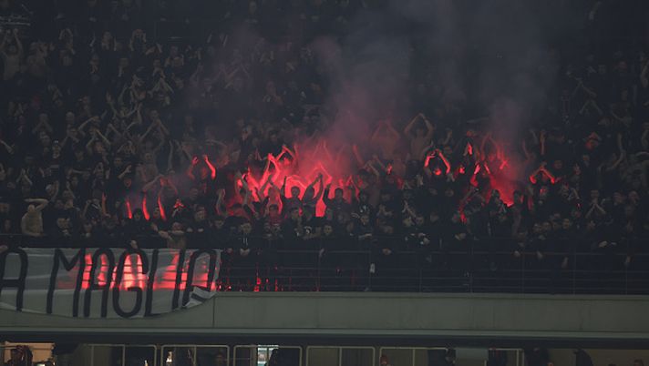 MILAN, ITALY - APRIL 02: Fans of AC Milan during the coppa Italia Semi Final match between AC Milan and FC Internazionale at Stadio Giuseppe Meazza on April 02, 2025 in Milan, Italy. (Photo by Claudio Villa/AC Milan via Getty Images) Curva striscione