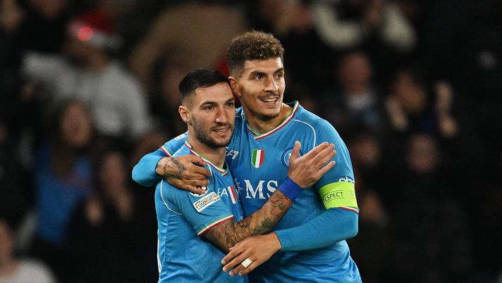 NAPLES, ITALY - DECEMBER 12: Matteo Politano and Giovanni Di Lorenzo of SSC Napoli celebrate after an own goal by Serdar Saatci of SC Braga (not pictured), SSC Napoli's first goal during the UEFA Champions League match between SCC Napoli and SC Braga at Stadio Diego Armando Maradona on December 12, 2023 in Naples, Italy. (Photo by Francesco Pecoraro/Getty Images) napoli rivoluzione
