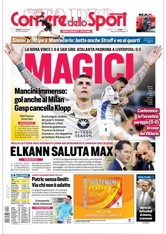 EDICOLA / CdS: Magici, Mancini fa gol anche al Milan. Gasp cancella Klopp. Elkann saluta Max - immagine 1