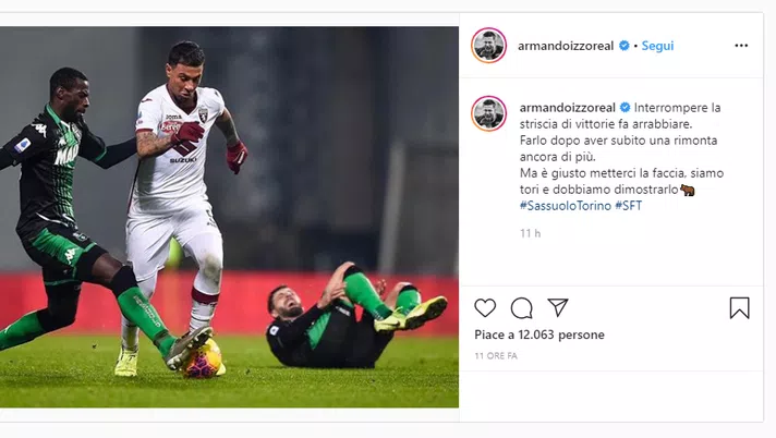 Sassuolo-Torino 2-1, i giocatori sui social: “Interrompere la striscia di vittorie fa arrabbiare”- immagine 1
